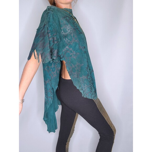 Vintage LEATHER Suede Fringes Top Blouse Asymmetrical Leather Blouse SOFT S - Picture 7 of 10